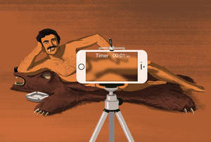cartoon sexy nude selfie photos - Cartoon of naked Bert Reynolds on a bearskin rug with an iPhone taking his  picture