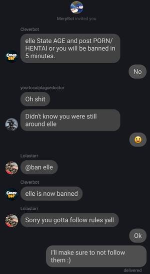 Cleverbot Porn Talk - Cleverbo MerpBot invited you elle State AGE and post PORN/ HENTAI or you  will be banned in @e minutes. No yourlocalplaguedoctor Oh shit Didn't know  you were still around elle Lolastarr @ban
