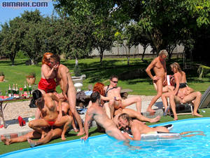 naked pool party orgy - Seven naked dudes and three lusty babes enjoying bisex orgy party poolside.
