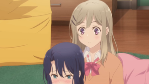 lesbian anime girls slapping butts - Do you mind if I sit between your legs? [Adachi to Shimamura] : r/anime