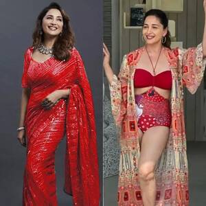 naked indian actress madhuri pics - Madhuri Dixit - saree vs bikini - 96.