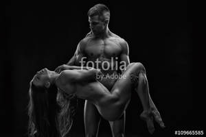 black and white nudes couples - Nude sexy couple. Art photo of young adult man and woman. High contrast  black