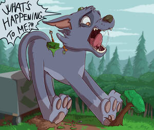 Furry Feral 2016 - 165769 - safe, artist:fuf, rocky (paw patrol), canine, dog, mammal, mutt,  feral, nickelodeon, paw patrol, 2016, bag, black nose, clothes, cloud,  commission, container, crying, dialogue, digital art, ears, forest, fur,  giant, gray