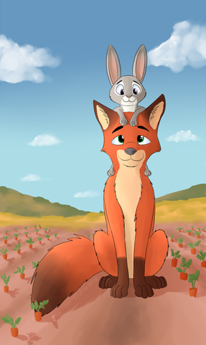 Furry Feral 2016 - 10977 - safe, artist:crufox, judy hopps (zootopia), nick wilde (zootopia),  canine, fox, lagomorph, mammal, rabbit, red fox, feral, disney, zootopia,  2016, brown fur, carrot, chest fluff, cloud, digital art, duo, ear fluff,