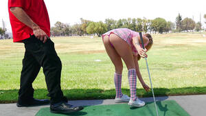 golf upskirt ass - Slutty XXX wench in mini skirt teases golf instructor on the field | AREA51. PORN