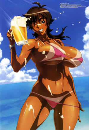 anime huge breasts bikini - alcohol amaha masane beach beer beer mug bikini breasts curvy dark skin  dated eyebrows female highres huge breasts ocean official art scan shiny  skin smile ...