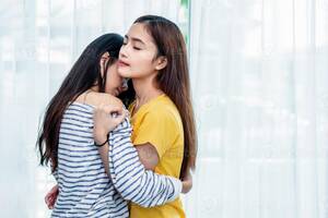 Hot Lesbian Lovers Making Love - Two Asian Lesbian women looking together in bedroom. Couple people and  Beauty concept. Happy lifestyles and home sweet home theme. Embracing of  homosexual. Love scene making of female 3518453 Stock Photo at
