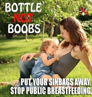 Breastfeeding Caption Wife Porn - Woman Breastfeeding Baby. Her breast is pixellated with a giant caption:  Bottle Not Boobs