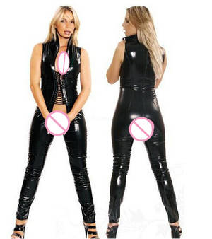 Hd Porn Black Cat Suits - Sexy Women Faux Leather Bodycon Fetish Jumpsuit Black PVC Bodysuit Open  Crotch Lace-Up Porn