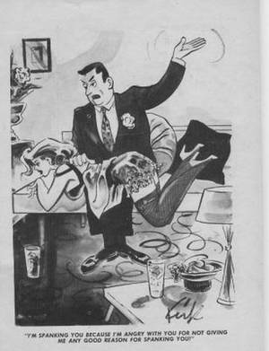 husband spanking wife sex - kirk stiles art cartoon in a humorama digest of man searching for a reason  to spank his woman