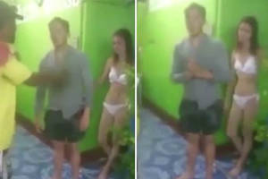 caught having sex - A Thai man confronts a couple caught having oral sex