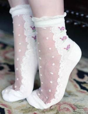 90s Porn Turn Cuff Socks - SWISS DOT SOCKS - Frilly Sheer Rosebud Ankle Socks