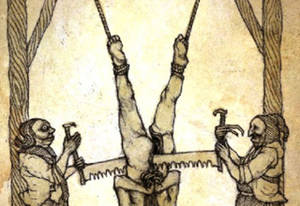 Medieval Torture Porn Cartoon - A drawing of two men sawing a tied up man in half.