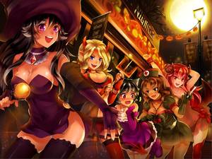 Hunie Pop Porn Kyana - animal_ears audrey_belrose beli_lapran black_eyes black_hair blonde_hair  blue_eyes blush brown_hair catgirl dress elbow_gloves gloves halloween hat  horns