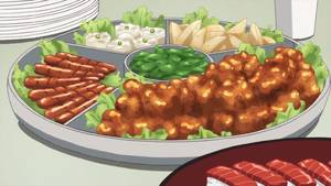 Anime Chicken Porn - A party platter of Chicken Karaage, Sausages, Edamame, Potato wedges,  Shumai &