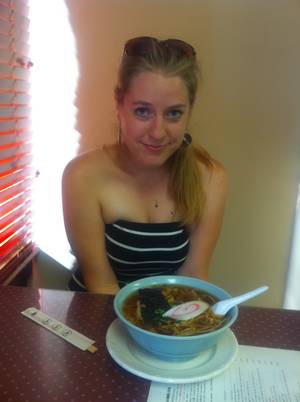 demonstrates chopsticks - Don't let that sheepish look fool you. I'm about to devour that. I ate  almost all of it; I left a bunch of the noodles because I'm still trying to  stay away ...