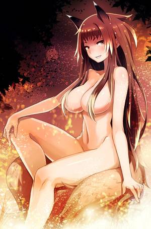 Anime Fox Pussy - ... long hair single tall image looking at viewer light erotic breasts  brown hair smile sitting fringe large breasts censored animal ears nude  grin fox ears ...