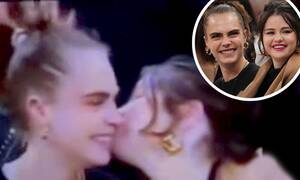 Lesbian Porno Selena Gomez - Selena Gomez and Cara Delevingne share a sweet KISS on the jumbotron at the  New York Knicks game | Daily Mail Online