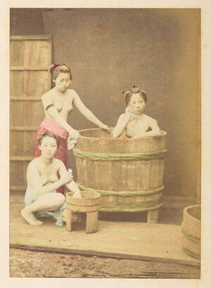 free porn japanese nudist - Japanese] Girls bathing, Studio tableau of three half-naked young Japanese  women, posed in and around a circular wooden bath tub, Photographer:  Unknown Lucas Collection: Photographic record of the world tour of Charles