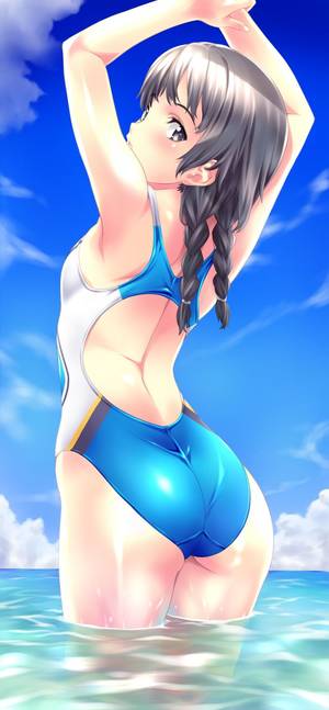 Anime Girl In Swimsuit - armpits arms up ass bare shoulders black eyes black hair braid cloud  competition swimsuit flat chest grey eyes highres long hair looking at  viewer looking ...