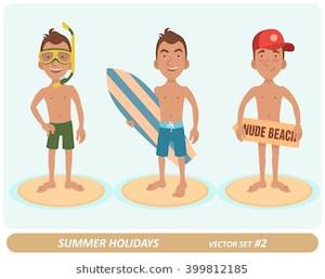 fat nude beach girl straw hat - Male characters on the beach. 3 characters. Man with swim mask. Man with