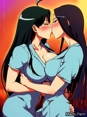 cartoon big boobs kissing - Porn image of fully clothed black hair lesbian huge boobs anime 20 doctor  kissing created by AI