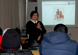 Norwegian Sex Ed - Instruction: Linda Hagen address Syrian and Sudanese asylum seekers during  a courses to prevent violence