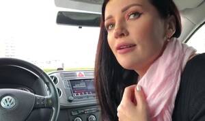 girl gives blowjob in car - In the car, the brunette opened her mouth and gives a blowjob to a friend,  taking his sperm - free porn HD