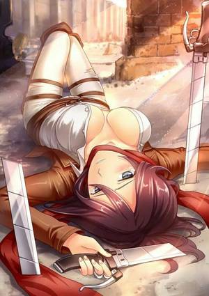Colossal Titan Fuck - black eyes blush boots breasts broken broken sword broken weapon brown hair  cleavage large breasts looking at viewer lying mikasa ackerman open clothes  open ...
