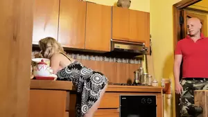Fucking On The Kitchen Cabinet - Sexy mommy has sex in the kitchen with stepson - Sunporno