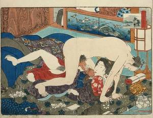 erotic japanese couple - A Very Rare Shunga Design â€“ Oral Sex - Utagawa Kuniyoshi - Look at the  lovely panel in behind the couple with the swallows flying low over the  water.
