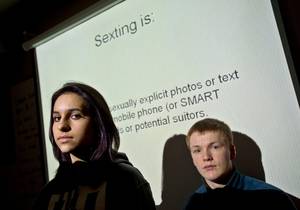 group of tiny teens - Elizabeth ColÃ³n and Jon Reid gave a presentation about the consequences of  sending risquÃ© photos and text messages after three students were charged  in a ...