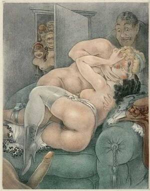 Blowjob Vintage Porn Drawings - Various kinds of a threesome sex are shown in vintage erotic cartoons.