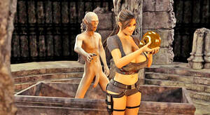 3d Monster Lara Croft - Busty charming tomb raider posing and sucking monster's large hard cock |  Porncraft 3d