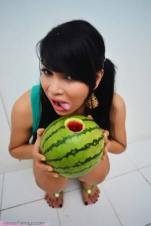 ladyboy cums in melon - Petite Asian shemale with Big Tits fucking a watermelon - ShemaleTubeVideos
