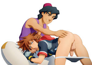 Fellatio Gay Anime Porn - age_difference aladdin_(character) aladdin_(disney) anus ass bottomless  drooling fellatio gay kingdom_hearts licking looking_at_viewer male_focus  ...
