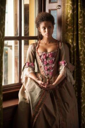 Feather Costume Porn - Belle - Gugu Mbatha-Raw as Dido Elizabeth Belle wearing a period taffeta  dress; the sleeves are decorated with lace flounces, while the bodice is ...