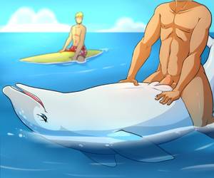 Dolphin Porn - e621 2015 abs being_watched bestiality blonde_hair blue_eyes cetacean  clitoris clothed clothing cloud detailed_background digital_media_(artwork