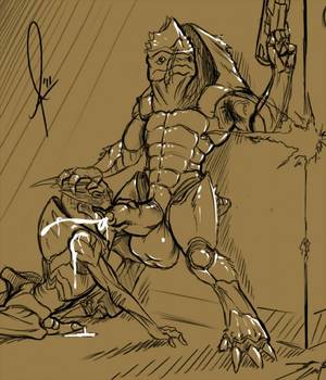Mass Effect Krogan Porn - e621 4_balls agroalba alien anthro balls big_balls big_penis brown_theme  claws cum duo erection fellatio garrus_vakarian gun
