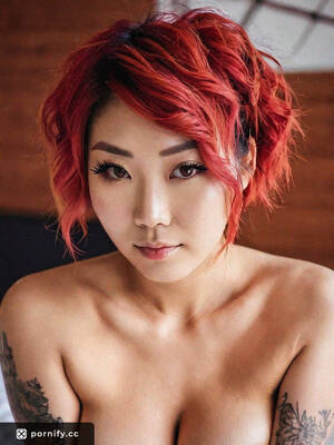 japanese redhead nude - Petite Japanese Redhead with Small round breasts stuck in a heart shape  Tattoos - Photorealistic 2 20s