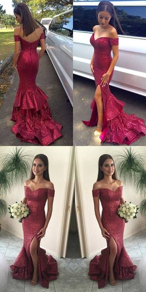 Formal Gown Sexy - Sexy Off the shoulder Mermaid Long Sequins Prom Dress with Side slit