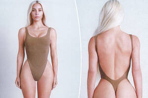 group leotard party naked nude - Kim Kardashian bares her butt modeling sexy thong bodysuit for Skims