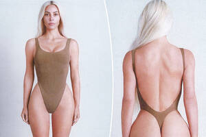group leotard party naked nude - Kim Kardashian bares her butt modeling sexy thong bodysuit for Skims