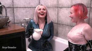 Lesbian Fetish Milk - Hot lesbian girls having fun topless in bathroom, latex rubber funny video  with milk, food fetish - Lesbian Porn Videos