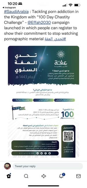 Kingdom Saudi Arabia Porn - Tackling porn addiction in the Kingdom with â€œ100 Day Chastity Challengeâ€ :  r/saudiarabia