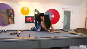 ghetto pool table - Young brunette gets laid on the pool table and swallows - Hell Moms