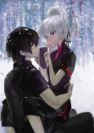anime couple cg - 2 boy black_hair chinese_clothes couple darker_than_black eye_contact  boy_on_top hair_ribbon hei highres long_hair looking_at_another mask pants  ponytail ...