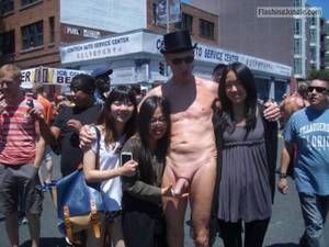 huge erect cock in public - Asian teens impressed by big cock