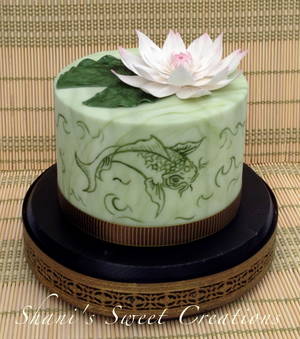 3d Cake Porn - Lotus Garden - Birthday cake with hand painted Koi and a sugar lotus flower