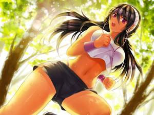 Hunie Pop Porn Kyana - black_hair dark_skin headband headphones hunie_pop kaskia kyanna_delrio  long_hair navel purple_eyes shorts sport tree wristwear